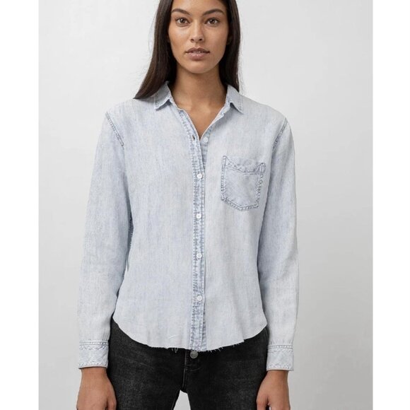 Rails Ingrid Raw Hem Denim Button Down Shirt Small Light Wash Distressed Western - Picture 1 of 13